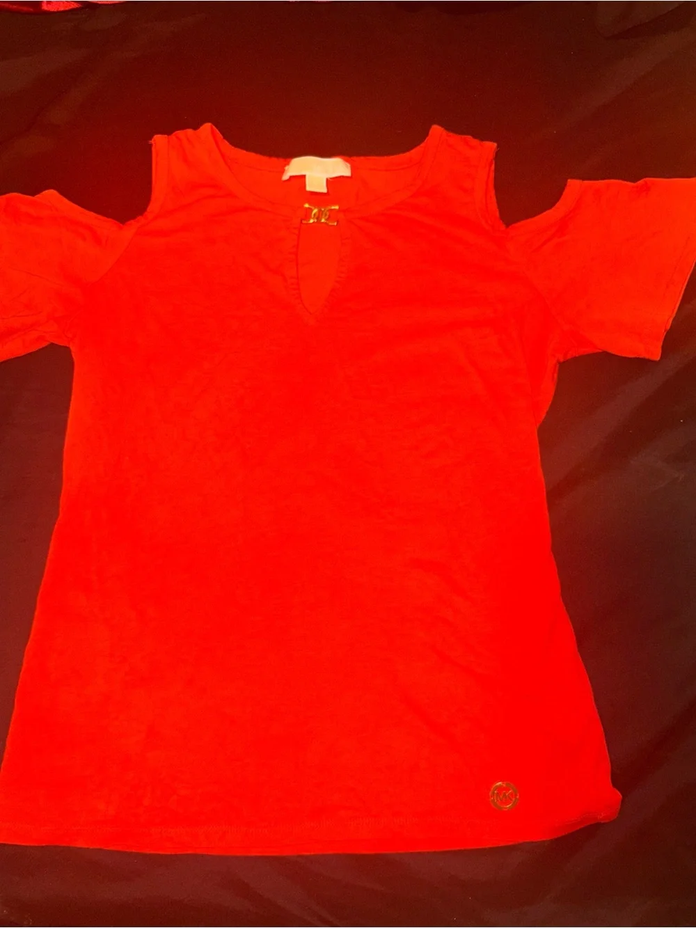 Michael Kors Red Cold-Shoulder Short Sleeve Tee with Keyhole